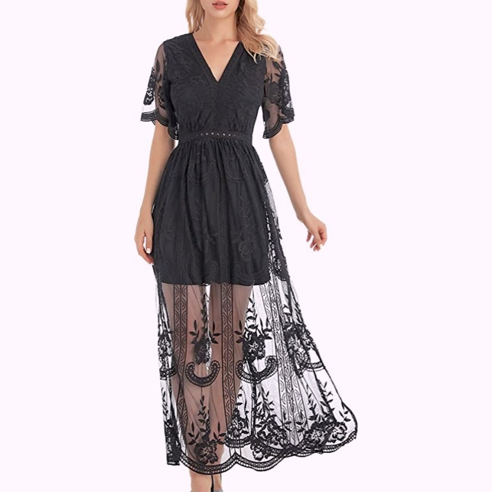 Black Floral Lace Overlay Dress